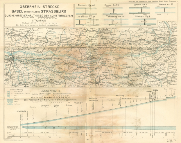 Schwarze und weiße Karte des Basel-Strasbourg-Gebiets mit Eisenbahnlinien und Textanmerkungen.