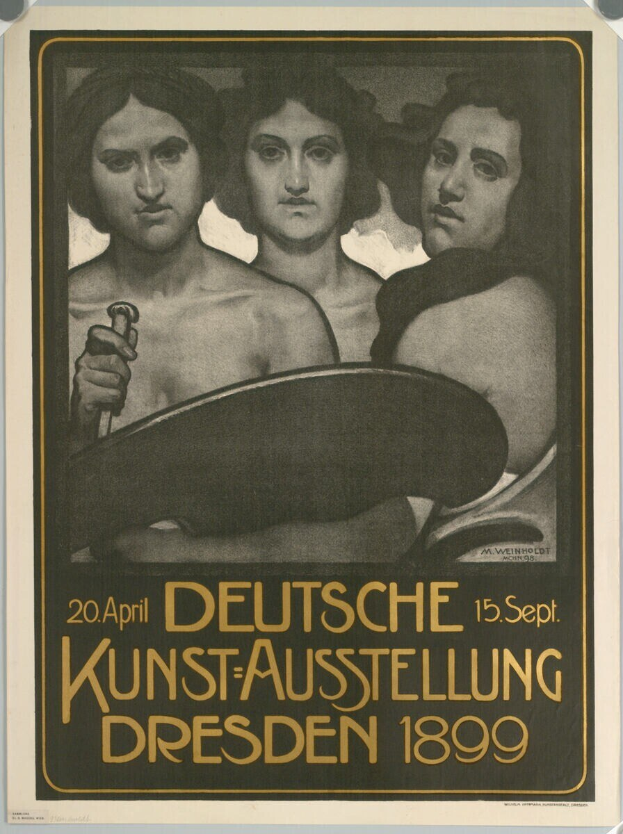 Plakat für eine deutsche Ausstellung in Dresden 1899, drei Personen, eine hält ein Objekt, mit Text.