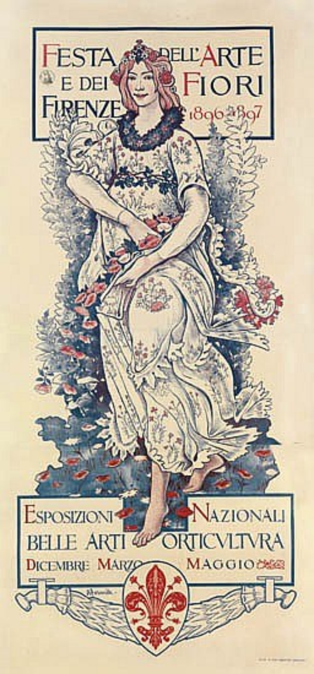 Festivalplakat in Italien mit einer Frau in einem weißen Kleid mit hohem Kragen und langen Ärmeln, die Haare zu einem Dutt gebunden, vor einem hellblauen Hintergrund mit fetter schwarzer Schrift.