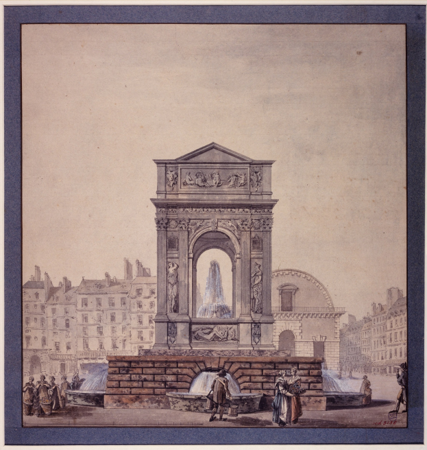 Ein gerahmtes Bild einer Brunnenanlage in der Mitte einer Stadt, umgeben von Gebäuden und Menschen, mit klassischem Aussehen.