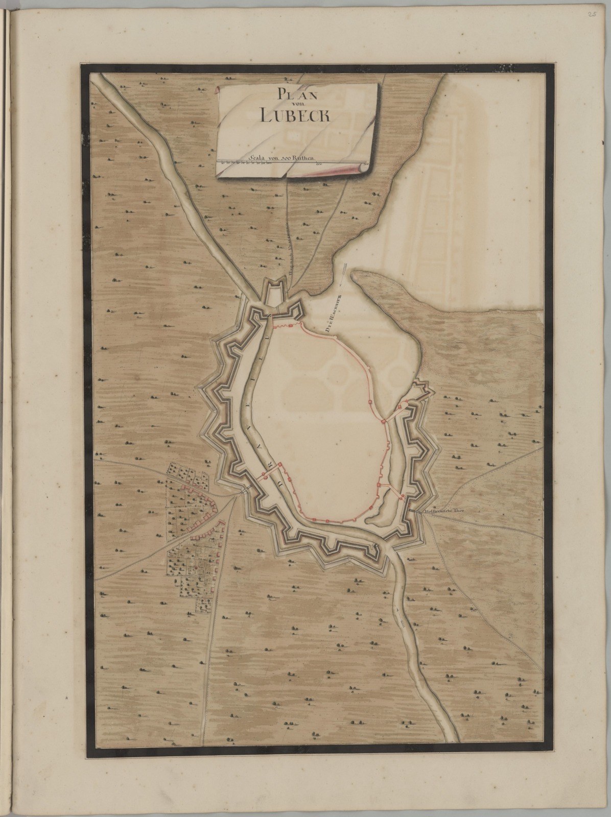 Ein abgenutztes Buch mit einer detaillierten Karte von Lübeck, Deutschland, das Straßen, Gebäude und Sehenswürdigkeiten zeigt und von Text begleitet wird, der die Bevölkerung, Geschichte und Kultur der Stadt beschreibt.