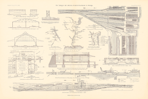 Ein altes Buch mit einer detaillierten Zeichnung eines Bahnhofs, einschließlich Gleise, Bahnsteige und andere Strukturen, sowie begleitendem Text über die Geschichte des Bahnhofs.