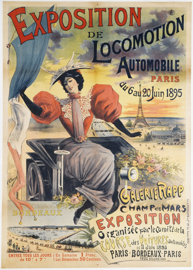 Plakat, das eine Ausstellung von Locomotion-Automobilen in Paris ankündigt, mit einer Frau, die in einem Fahrzeug sitzt, dem Eiffelturm im Hintergrund und Text, der die Ausstellungdetails enthält.