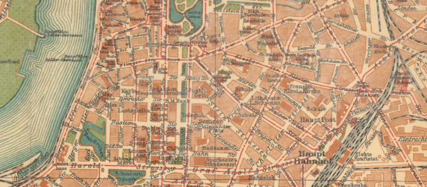 Ein altes Stadtplan von Hamburg, Deutschland, das Straßen, Gebäude und Sehenswürdigkeiten in detaillierter Weise zeigt.